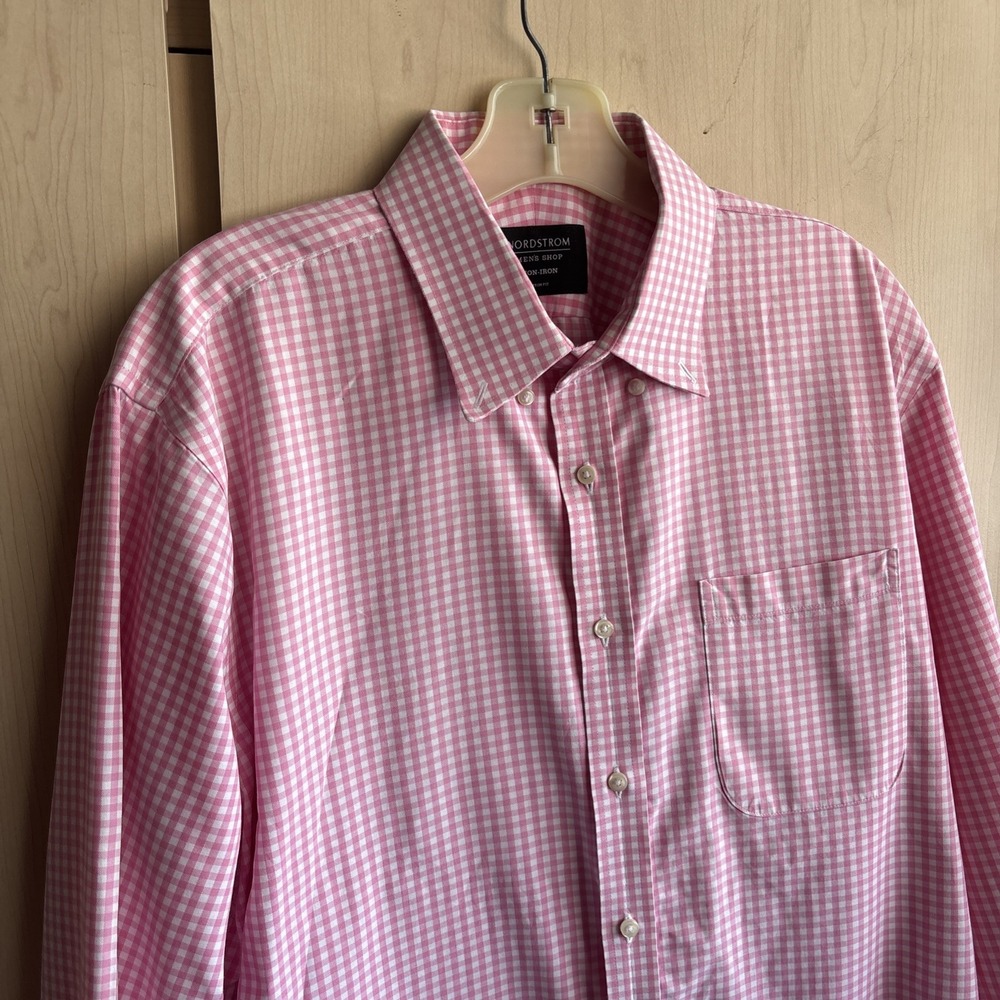 Nordstrom Men's Shop Traditional Fit Pink Gingham Button Down Shirt Large EUC